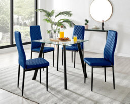 Furniturebox Uk Seattle Glass And Black Leg Square Dining Table & 4 Navy Velvet Milan Black Leg Chairs