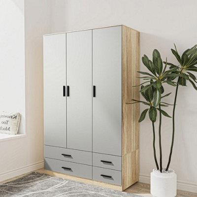 Urbn-Living Urbnliving 180Cm Height Grey 3 Door 4 Drawer Wardrobe Storage Shelf Modern Bedroom Oak Furniture - image 1