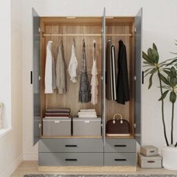 Urbn-Living Urbnliving 180Cm Height Grey 3 Door 4 Drawer Wardrobe Storage Shelf Modern Bedroom Oak Furniture - thumbnail 2