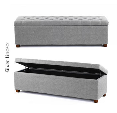 Linoso Chesterfield Silver Ottoman Storage Box With Square Wooden Legs - Upholstered Blanket Box (90W X 40D X 45H Cm) - image 1