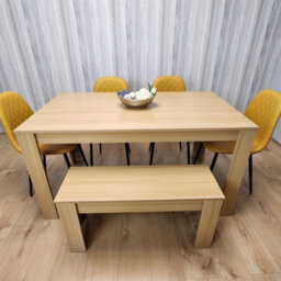 Kosy Koala Oak Effect Dining Table Set With 4 Mustard Gem Pattern Chairs And Bench Dining Room Furniture - thumbnail 8