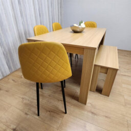 Kosy Koala Oak Effect Dining Table Set With 4 Mustard Gem Pattern Chairs And Bench Dining Room Furniture - thumbnail 4