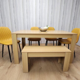 Kosy Koala Oak Effect Dining Table Set With 4 Mustard Gem Pattern Chairs And Bench Dining Room Furniture - thumbnail 5