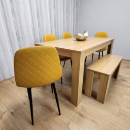 Kosy Koala Oak Effect Dining Table Set With 4 Mustard Gem Pattern Chairs And Bench Dining Room Furniture - thumbnail 6