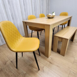 Kosy Koala Oak Effect Dining Table Set With 4 Mustard Gem Pattern Chairs And Bench Dining Room Furniture - thumbnail 7