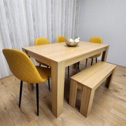 Kosy Koala Oak Effect Dining Table Set With 4 Mustard Gem Pattern Chairs And Bench Dining Room Furniture
