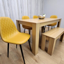 Kosy Koala Oak Effect Dining Table Set With 4 Mustard Gem Pattern Chairs And Bench Dining Room Furniture - thumbnail 2