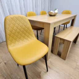 Kosy Koala Oak Effect Dining Table Set With 4 Mustard Gem Pattern Chairs And Bench Dining Room Furniture - thumbnail 3