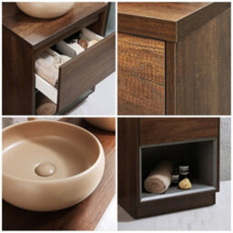 Homestylestore Dark Oak 600mm Bathroom Vanity Unit Round Sand Countertop Basin Open Shelf - thumbnail 2