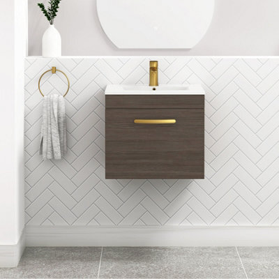 Royal Bathrooms Turin Grey Elm 500mm Wall Hung Vanity Unit 1 Drawer With Minimalist Basin Sink & Brushed Brass Handles - image 1