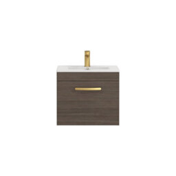 Royal Bathrooms Turin Grey Elm 500mm Wall Hung Vanity Unit 1 Drawer With Minimalist Basin Sink & Brushed Brass Handles - thumbnail 6