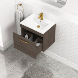 Royal Bathrooms Turin Grey Elm 500mm Wall Hung Vanity Unit 1 Drawer With Minimalist Basin Sink & Brushed Brass Handles - thumbnail 3