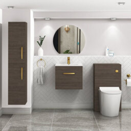 Royal Bathrooms Turin Grey Elm 500mm Wall Hung Vanity Unit 1 Drawer With Minimalist Basin Sink & Brushed Brass Handles - thumbnail 4