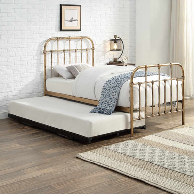 OAT Home Camden Antique Brass Effect Metal Victorian Hospital Style Single Bed Frame & Guest Trundle - image 1
