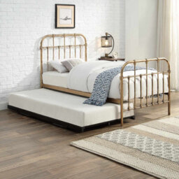 OAT Home Camden Antique Brass Effect Metal Victorian Hospital Style Single Bed Frame & Guest Trundle