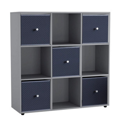 Urbn-Living 9 Cube Grey Wooden Bookcase Shelving Unit With 5 Collapsible Fabric Drawers Royal Blue - image 1