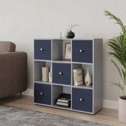 Urbn-Living 9 Cube Grey Wooden Bookcase Shelving Unit With 5 Collapsible Fabric Drawers Royal Blue - thumbnail 3