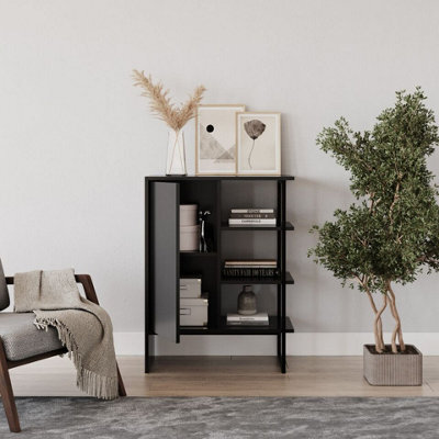 Urbn-Living Urbnliving 79Cm Height Wood Steel Living Room 1 Door Bedside Cabinet Shelf Bookcase Unit Black Colour - image 1