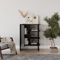 Urbn-Living Urbnliving 79Cm Height Wood Steel Living Room 1 Door Bedside Cabinet Shelf Bookcase Unit Black Colour