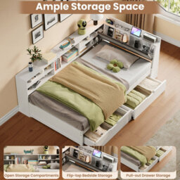 Btm 3Ft L Shape Daybed With 2 Drawers And Bookcase Storage, Linen Headboard With Charging Station, White - thumbnail 5