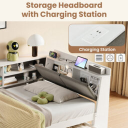 Btm 3Ft L Shape Daybed With 2 Drawers And Bookcase Storage, Linen Headboard With Charging Station, White - thumbnail 6