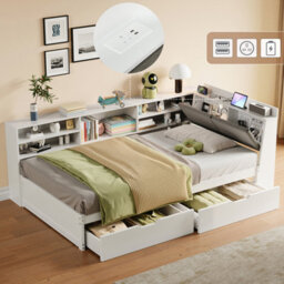 Btm 3Ft L Shape Daybed With 2 Drawers And Bookcase Storage, Linen Headboard With Charging Station, White - thumbnail 1