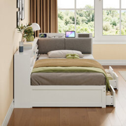 Btm 3Ft L Shape Daybed With 2 Drawers And Bookcase Storage, Linen Headboard With Charging Station, White - thumbnail 4