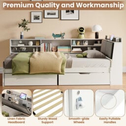 Btm 3Ft L Shape Daybed With 2 Drawers And Bookcase Storage, Linen Headboard With Charging Station, White - thumbnail 7