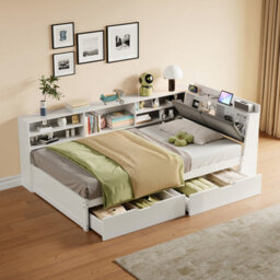 Btm 3Ft L Shape Daybed With 2 Drawers And Bookcase Storage, Linen Headboard With Charging Station, White - thumbnail 2