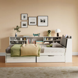 Btm 3Ft L Shape Daybed With 2 Drawers And Bookcase Storage, Linen Headboard With Charging Station, White - thumbnail 3
