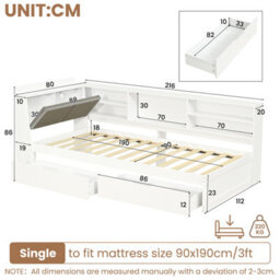 Btm 3Ft L Shape Daybed With 2 Drawers And Bookcase Storage, Linen Headboard With Charging Station, White - thumbnail 9