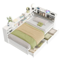 Btm 3Ft L Shape Daybed With 2 Drawers And Bookcase Storage, Linen Headboard With Charging Station, White - thumbnail 8