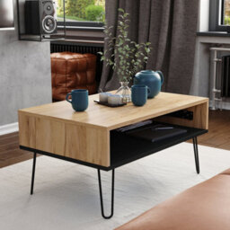 Heze Furniture Hairpin S-90 Modern Lift Top Coffee Table - Gold Craft Oak & Black - thumbnail 2