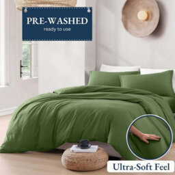 Bedlooms Olive Green Plain Dyed Duvet Cover Complete Bedding Set, Breathable & Anti-Allergic Microfiber, Super King 260X220Cm - thumbnail 2