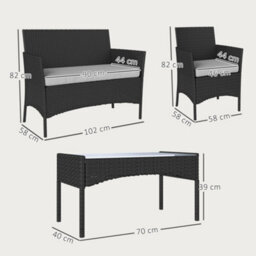Outsunny 4 Piece Rattan Garden Furniture Sofa Set With Cushions, Black - thumbnail 3
