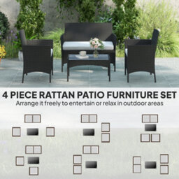 Outsunny 4 Piece Rattan Garden Furniture Sofa Set With Cushions, Black - thumbnail 4