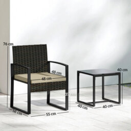 Outsunny Rattan Bistro Set, 3 Pcs Garden Furniture With Cushion, Khaki - thumbnail 3