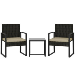Outsunny Rattan Bistro Set, 3 Pcs Garden Furniture With Cushion, Khaki - thumbnail 2