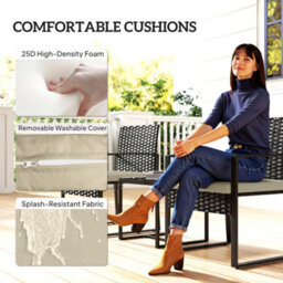 Outsunny Rattan Bistro Set, 3 Pcs Garden Furniture With Cushion, Khaki - thumbnail 6