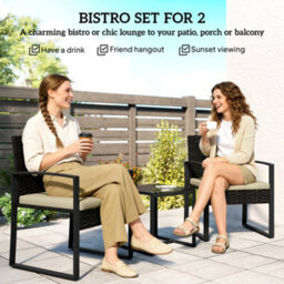 Outsunny Rattan Bistro Set, 3 Pcs Garden Furniture With Cushion, Khaki - thumbnail 4