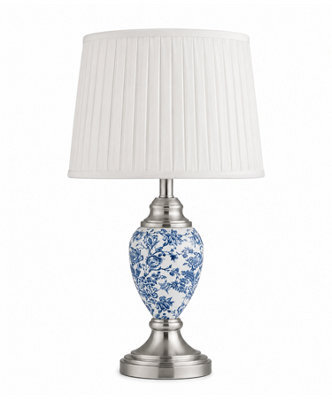 Lighting Supermarket Malham Small Ceramic Table Lamp With Ivory Pleated Shade - Modern White, Blue & Silver - image 1