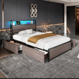 BTM Metal Bed, 3Ft Single Bed 90X190Cm, Led Light Strip, 4 Drawers, 2 Usb Ports, Grey - thumbnail 2