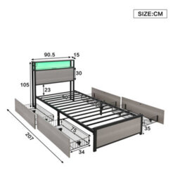 BTM Metal Bed, 3Ft Single Bed 90X190Cm, Led Light Strip, 4 Drawers, 2 Usb Ports, Grey - thumbnail 8