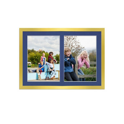 AK Frames 20X14 Gold Sleek Multi Photo Frame With Blue Mount - Holds 2 Apertures (2X) A4 Photos - image 1