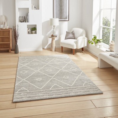 Grey Silver Geometric 15mm Thick Modern Rug, Stain-Resistant Rug For Living Room, Bedroom, & Dining Room-120Cm X 170Cm - image 1
