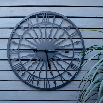 "Black Open Face 24"" Sun Design Indoor Or Outdoor Clock - Battery Powered Weather Resistant Metal Wall Fence Clock - 60Cm Diameter" - image 1