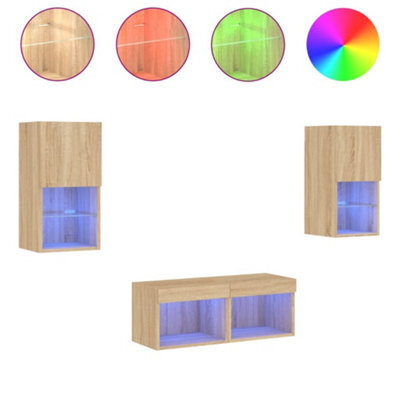 Berkfield Durable 4 Piece Tv Wall Cabinets With Led Lights Sonoma Oak - image 1