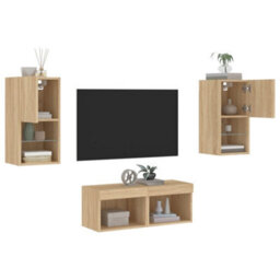 Berkfield Durable 4 Piece Tv Wall Cabinets With Led Lights Sonoma Oak - thumbnail 5