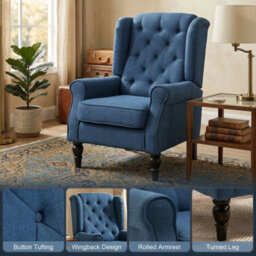 Accent Armchair Home Furniture Retro Tufted Club Wood Fabric Blue - thumbnail 4