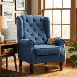 Accent Armchair Home Furniture Retro Tufted Club Wood Fabric Blue - thumbnail 6